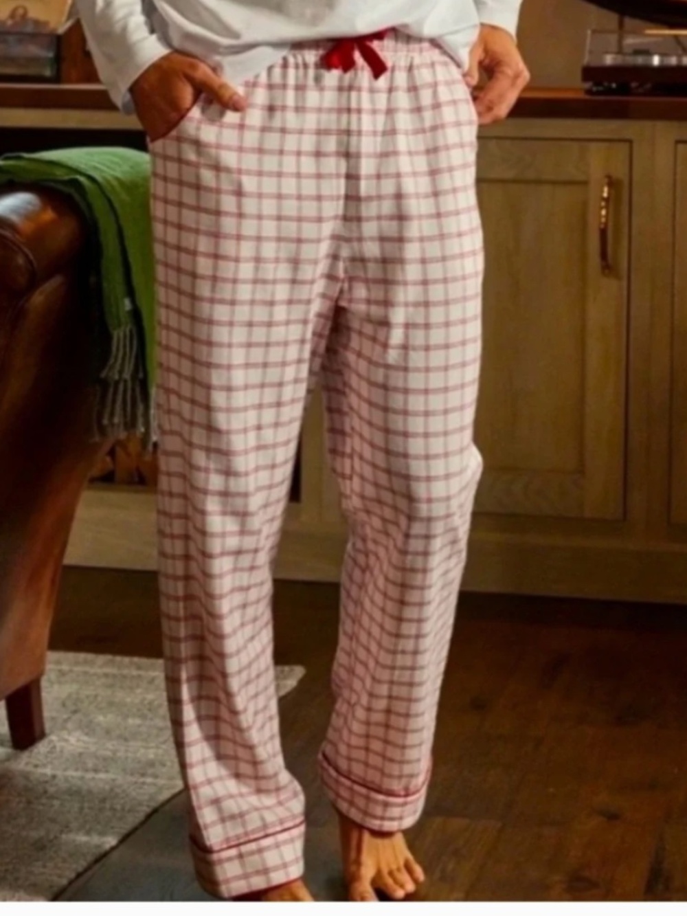 Lake pajamas mens flannel piped pants in scarlet windowpane XS